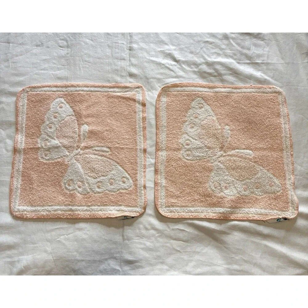Vintage Fieldcrest Washcloth Face Towel Set of 2 Peach White Butterfly